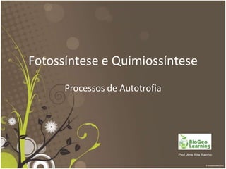 Fotossíntese e Quimiossíntese
      Processos de Autotrofia




                                Prof. Ana Rita Rainho
 