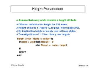 Height Pseudocode


       // Assume that every node contains a height attribute
       // Different deﬁnition for height for AVL trees.
       // Height of leaf is 1 (Figure 10.10 p435) not 0 (page 273).
       // By implication height of empty tree is 0 (see slides
       // Tree Algorithms–11..15 on binary tree height).
        height ( root : Node ) : Integer is
         if node = Void then Result ← 0
                          else Result ← node . Height
         ﬁ
         return
        end



© Gunnar Gotshalks                                                AVLtrees–18
 