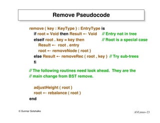 Remove Pseudocode

        remove ( key : KeyType ) : EntryType is
          if root = Void then Result ← Void // Entry not in tree
          elseif root . key = key then        // Root is a special case
              Result ← root . entry
              root ← removeNode ( root )
          else Result ← removeRec ( root , key ) // Try sub-trees
          ﬁ

        // The following routines need look ahead. They are the
        // main change from BST remove.

          adjustHeight ( root )
          root ← rebalance ( root )
        end

© Gunnar Gotshalks                                             AVLtrees–23
 