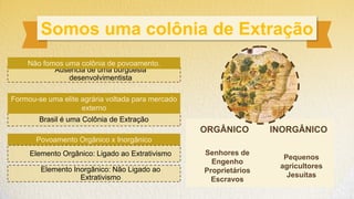Somos uma colônia de Extração
ORGÂNICO INORGÂNICO
Senhores de
Engenho
Proprietários
Escravos
Pequenos
agricultores
Jesuítas
Ausência de uma burguesia
desenvolvimentista
Não fomos uma colônia de povoamento.
Brasil é uma Colônia de Extração
Formou-se uma elite agrária voltada para mercado
externo
Povoamento Orgânico x Inorgânico
Elemento Orgânico: Ligado ao Extrativismo
Elemento Inorgânico: Não Ligado ao
Extrativismo
 