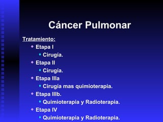Tratamiento: Etapa I Cirugía. Etapa II Cirugía. Etapa IIIa Cirugía mas quimioterapia. Etapa IIIb. Quimioterapia y Radioterapia. Etapa IV Quimioterapia y Radioterapia. Cáncer Pulmonar 