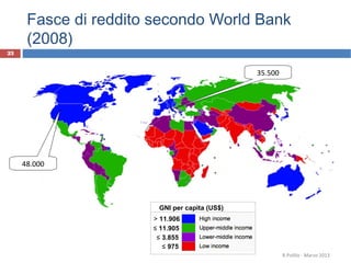 Fasce di reddito secondo World Bank
(2008)
23
≤ 975
≤ 3.855
≤ 11.905
> 11.906
GNI per capita (US$)
48.000
35.500
R.Polillo - Marzo 2013
 