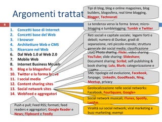 Argomenti trattati
1. Concetti base di Internet
2. Concetti base del Web
3. I browser
4. Architetture Web e CMS
5. Ricercare nel Web
6. Dal Web 1.0 al Web 2.0
7. Mobile Web
8. Internet Business Models
9. Blog e la blogosfera
10. Twitter e la forma breve
11. I social media
12. Content sharing sites
13. Social network sites
14. WebFeed e aggregatori
8
Tipi di blog, blog e online magazines, blog
builders, blogosfera, real time blogging,
Blogger, Technorati
La tendenza verso la forma breve; micro-
blogging e tumblelogging; Tumblr e Twitter
Reti sociali e capitale sociale; legami forti e
deboli; numero di Dunbar, gradi di
separazione, reti piccolo-mondo; struttura
generale dei social media; classificazione
UGC; Photo sharing: Flickr; video sharing:
YouTube; slide sharing: Slideshare;
Document sharing: Scribd; self-publishing &
book sharing: Lulu, Blurb; categorizzazione e
tagging
SNS: tipologie ed evoluzione, Facebook,
fanpage; LinkedIn, GoodReads, Ning,
Meetup, privacy
Viralità sui social network; viral marketing e
buzz marketing; esempi
Social network musicali; iTunes, Spotify,
LastFm
Geolocalizzazione nelle social networks:
Facebook, FourSquare, Google+
Push e pull; Feed RSS; formati; feed
readers e aggregatori; Google Reader e
News; Flipboard e Feedly
 
