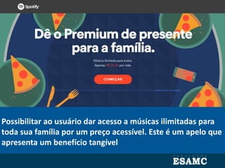 Possibilitar ao usuário dar acesso a músicas ilimitadas para
toda sua família por um preço acessível. Este é um apelo que
apresenta um benefício tangível
 