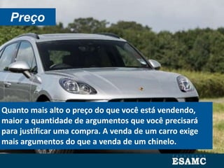 Preço
Quanto mais alto o preço do que você está vendendo,
maior a quantidade de argumentos que você precisará
para justificar uma compra. A venda de um carro exige
mais argumentos do que a venda de um chinelo.
 
