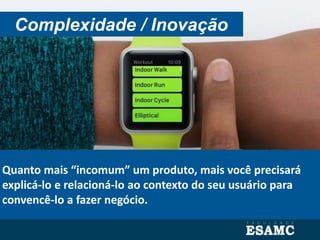 Quanto mais “incomum” um produto, mais você precisará
explicá-lo e relacioná-lo ao contexto do seu usuário para
convencê-lo a fazer negócio.
Complexidade / Inovação
 