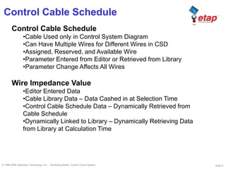 Slide 6© 1996-2009 Operation Technology, Inc. – Workshop Notes: Control Circuit System
Control Cable Schedule
Control Cable Schedule
•Cable Used only in Control System Diagram
•Can Have Multiple Wires for Different Wires in CSD
•Assigned, Reserved, and Available Wire
•Parameter Entered from Editor or Retrieved from Library
•Parameter Change Affects All Wires
Wire Impedance Value
•Editor Entered Data
•Cable Library Data – Data Cashed in at Selection Time
•Control Cable Schedule Data – Dynamically Retrieved from
Cable Schedule
•Dynamically Linked to Library – Dynamically Retrieving Data
from Library at Calculation Time
 