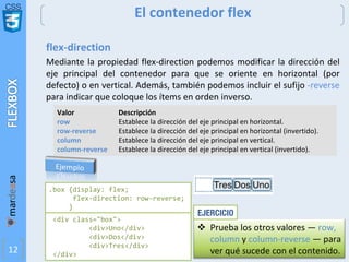 CSS
12
El contenedor flex
flex-direction
Mediante la propiedad flex-direction podemos modificar la dirección del
eje principal del contenedor para que se oriente en horizontal (por
defecto) o en vertical. Además, también podemos incluir el sufijo -reverse
para indicar que coloque los ítems en orden inverso.
<div class="box">
<div>Uno</div>
<div>Dos</div>
<div>Tres</div>
</div>
.box {display: flex;
flex-direction: row-reverse;
}
v Prueba los otros valores — row,
column y column-reverse — para
ver qué sucede con el contenido.
EJERCICIO
Valor Descripción
row Establece la dirección del eje principal en horizontal.
row-reverse Establece la dirección del eje principal en horizontal (invertido).
column Establece la dirección del eje principal en vertical.
column-reverse Establece la dirección del eje principal en vertical (invertido).
 