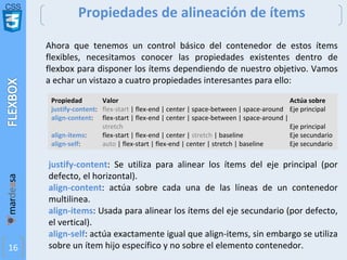 CSS
16
Propiedades de alineación de ítems
Ahora que tenemos un control básico del contenedor de estos ítems
flexibles, necesitamos conocer las propiedades existentes dentro de
flexbox para disponer los ítems dependiendo de nuestro objetivo. Vamos
a echar un vistazo a cuatro propiedades interesantes para ello:
Propiedad Valor Actúa sobre
justify-content: flex-start | flex-end | center | space-between | space-around Eje principal
align-content: flex-start | flex-end | center | space-between | space-around |
stretch Eje principal
align-items: flex-start | flex-end | center | stretch | baseline Eje secundario
align-self: auto | flex-start | flex-end | center | stretch | baseline Eje secundario
justify-content: Se utiliza para alinear los ítems del eje principal (por
defecto, el horizontal).
align-content: actúa sobre cada una de las líneas de un contenedor
multilinea.
align-items: Usada para alinear los ítems del eje secundario (por defecto,
el vertical).
align-self: actúa exactamente igual que align-items, sin embargo se utiliza
sobre un ítem hijo específico y no sobre el elemento contenedor.
 