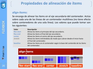 CSS
20
Propiedades de alineación de ítems
align-items:
Se encarga de alinear los ítems en el eje secundario del contenedor. Actúa
sobre cada una de las líneas de un contenedor multilinea (no tiene efecto
sobre contenedores de una sola línea). Los valores que puede tomar son
los siguientes:
Valor Descripción
flex-start Alinea los ítems al principio del eje secundario.
flex-end Alinea los ítems al final del eje secundario.
center Alinea los ítems al centro del eje secundario.
stretch Alinea los ítems estirándolos de modo que cubran desde el inicio hasta
el final del contenedor.
baseline Alinea los ítems en el contenedor según la base del contenido de los ítems
del contenedor.
 