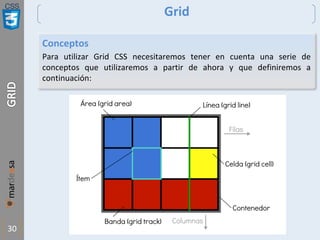 CSS
30
Grid
Conceptos
Para utilizar Grid CSS necesitaremos tener en cuenta una serie de
conceptos que utilizaremos a partir de ahora y que definiremos a
continuación:
 