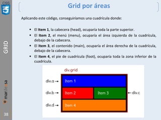 CSS
38
Grid por áreas
Aplicando este código, conseguiríamos una cuadrícula donde:
§ El Item 1, la cabecera (head), ocuparía toda la parte superior.
§ El Item 2, el menú (menu), ocuparía el área izquierda de la cuadrícula,
debajo de la cabecera.
§ El Item 3, el contenido (main), ocuparía el área derecha de la cuadrícula,
debajo de la cabecera.
§ El Item 4, el pie de cuadrícula (foot), ocuparía toda la zona inferior de la
cuadrícula.
 