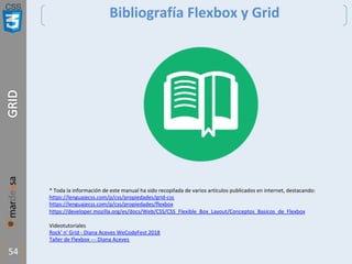 CSS
54
Bibliografía Flexbox y Grid
* Toda la información de este manual ha sido recopilada de varios artículos publicados en internet, destacando:
https://lenguajecss.com/p/css/propiedades/grid-css
https://lenguajecss.com/p/css/propiedades/flexbox
https://developer.mozilla.org/es/docs/Web/CSS/CSS_Flexible_Box_Layout/Conceptos_Basicos_de_Flexbox
Videotutoriales
Rock' n' Grid - Diana Aceves WeCodeFest 2018
Taller de Flexbox --- Diana Aceves
 