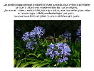 Les soirées exceptionnelles de grandes chutes de neige, nous avions la permission
           de jouer à la lueur des réverbères dans les rues enneigées,
glissades et traineaux en bois fabriqués le jour même, avec des vieilles planchettes
               et des cerclages métalliques d'emballages pour patins,
          occupant notre temps et gelant nos mains violettes sans gants ;
 