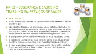 NR 32 - SEGURANÇA E SAÚDE NO
TRABALHO EM SERVIÇOS DE SAÚDE
 ANEXO II da NR
 3. Para a classificação correta dos agentes utilizando-se esta tabela, deve-se
considerar que:
 a) a não identificação de um determinado agente na tabela não implica em
sua inclusão automática na classe de risco 1, devendo-se conduzir, para isso,
uma avaliação de risco, baseada nas propriedades conhecidas ou potenciais
desses agentes e de outros representantes do mesmo gênero ou família.
 b) os organismos geneticamente modificados não estão incluídos na tabela.
 c) no caso dos agentes em que estão indicados apenas o gênero, devem-se
considerar excluídas as espécies e cepas não patogênicas para o homem.
 d) todos os vírus isolados em seres humanos, porém não incluídos na tabela,
devem ser classificados na classe de risco 2, até que estudos para sua
classificação estejam concluídos.
 