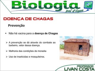 Prevenção
 A prevenção se dá através do combate ao
barbeiro, vetor dessa doença.
 Melhoria das condições de moradia
 Uso de inseticidas e mosquiteiros.
 Não há vacina para a doença de Chagas
 