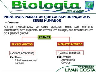 PRINCIPAIS PARASITAS QUE CAUSAM DOENÇAS AOS
SERES HUMANOS→ Vermes
Animais invertebrados, de corpo alongado, mole, sem membros
locomotores, sem esqueleto. Os vermes, em biologia, são classificados em
dois grandes grupos:
(Vermes Achatados) (vermes cilíndricos)
VERMES
PLATELMINTOS NEMATELMINTOS
Ex: Tênias
Schistosoma mansoni.
Planárias
Ex: Lombriga
Ancylostoma
Oxyurus
 