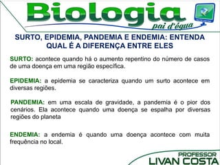 SURTO, EPIDEMIA, PANDEMIA E ENDEMIA: ENTENDA
QUAL É A DIFERENÇA ENTRE ELES
SURTO: acontece quando há o aumento repentino do número de casos
de uma doença em uma região específica.
EPIDEMIA: a epidemia se caracteriza quando um surto acontece em
diversas regiões.
ENDEMIA: a endemia é quando uma doença acontece com muita
frequência no local.
PANDEMIA: em uma escala de gravidade, a pandemia é o pior dos
cenários. Ela acontece quando uma doença se espalha por diversas
regiões do planeta
 