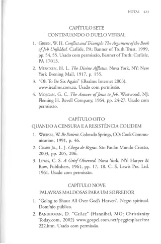 NOTAS 423
CAPÍTULO SETE
CONTINUANDO O DUELO VERBAL
1 . G r e e n , W . H . ConflictandTriumph: TheArgumentofthe Book
o fJob Unfolded. Carlisle, PA: Banner of Truth Trust, 1999,
pp. 54, 55. Usado com permissão, Banner ofTruth: Carlisle,
PA 17013.
2 . M e n c k e n , H. L. The Divine Afflatus. Nova York, NY: New
York Evening Mail, 1917, p. 155.
3. “Oh To Be Six Again” (iRealms Internet 2003).
www.irealms.com.za. Usado com permissão.
4. M o r g a n , G. C. The Answer o fJesus to Job. Westwood, NJ:
Fleming H. Revell Company, 1964, pp. 24-27. Usado com
permissão.
CAPÍTULO OITO
QUANDO A CENSURA E A RESISTÊNCIA COLIDEM
1. W ie rs b e , W . BePatient. Colorado Springs, CO: Cook Commu­
nication, 1991, p. 46.
2. Crabb Jr., L. J. Chega de Regras. São Paulo: M undo Cristão,
2003, pp. 205, 206.
3. L ew is, C. S. A Grief Observed. Nova York, NY: Harper &
Row, Publishers, 1961, pp. 17, 18. C. S. Lewis Pte. Ltd.
1961. Usado com permissão.
CAPÍTULO NOVE
PALAVRAS MALDOSAS PARA UM SOFREDOR
1. “Going to Shout All Over God’s Heaven”, Negro spiritual.
Domínio público.
2. B a n d e r m a n , D. “GrAce” (Hannibal, M O: Christianity
Today.com, 2002) www.gospel.com.net/peggiesplace/tnt
222.htm. Usado com permissão.
 