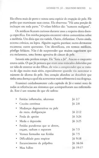 SATANÁS VS. JÓ - SEGUNDO ROUND 51
Ela olhou mais de perto e notou uma espécie de erupção de pele. Ele
pediu que examinasse suas costas. Ela observou: “Há uma porção de
inchaços em toda parte.” O relato bíblico diz: “tumores malignos”.
Os médicos ficaram curiosos durante anos a respeito desta doen­
ça específica. Em minha pesquisa encontrei vários comentários sobre
a moléstia. Um dizia que era varíola. Outro, elefantíase. Outro ainda,
eczema crónico, ou lepra. Alguém sugeriu psoríase; outro dermatose
escamosa; outro queratose. Um identificou, em termos médicos,
pênfigo foliáceo. Não é de surpreender que muitos sugerissem que
era melanoma, uma forma agressiva de câncer de pele.
Satanás não perdera tempo. Ele “feriu a Jó”. Atacou-o enquanto
estava caído. O que Jó pensara que eram seus músculos doloridos por
ter tido de enterrar os dez filhos, ele veio a compreender que se trata­
va de algo muito mais sério, especialmente quando viu aumentar o
número de úlceras da pele. Seu coração afundou ao descobrir que
tinha uma doença a qual iria acrescentar mais sofrimento à sua desgraça.
Examinei cuidadosamente cada capítulo de Jó e tomei nota de
todas as referências aos sintomas que acompanharam sua enfermida­
de. Este é um resumo do que ele sofreu:
Feridas inflamadas, ulcerosas Jó 2:7
Coceira contínua Jó 2:8
Mudanças degenerativas na pele
do rosto, desfiguração Jó 2:12
Perda de apetite Jó 3:24
Medo e depressão Jó 3:25
Feridas purulentas que se abrem,
coçam, racham e supuram Jó 7:5
Vermes formados nas feridas Jó 7:5
Dificuldade para respirar Jó 9:18
Escurecimento da pálpebra Jó 16:16
Mau hálito Jó 19:17
 