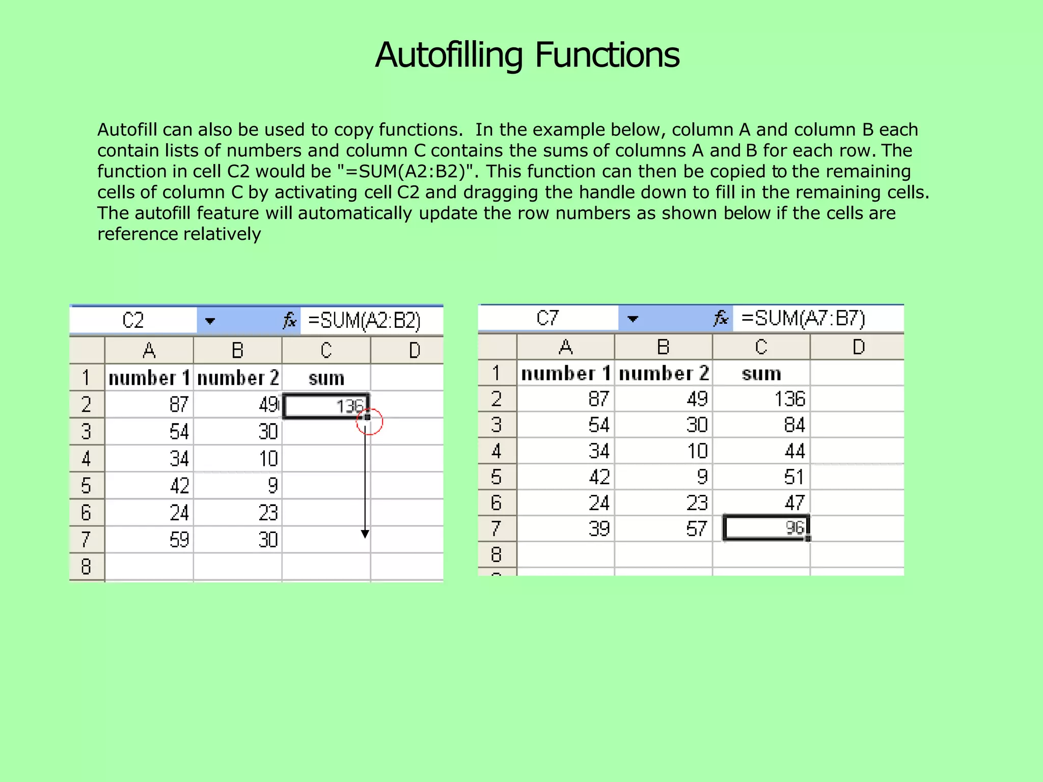 Autofilling Functions Autofill can also be used to copy functions. In the example below, column A and column B each contain lists of numbers and column C contains the sums of columns A and B for each row. The function in cell C2 would be "=SUM(A2:B2)". This function can then be copied to the remaining cells of column C by activating cell C2 and dragging the handle down to fill in the remaining cells. The autofill feature will automatically update the row numbers as shown below if the cells are reference relatively 