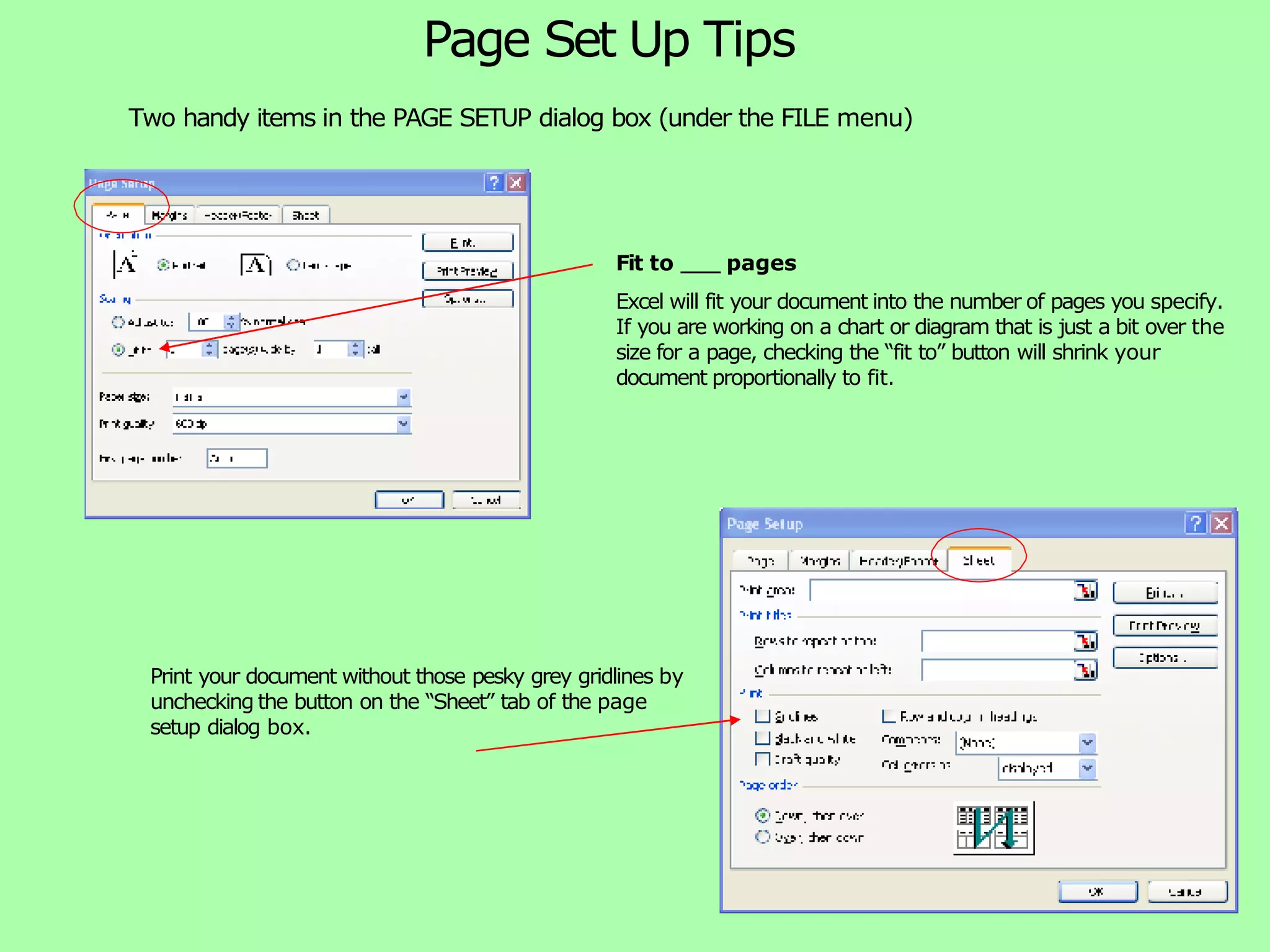 Page Set Up Tips Two handy items in the PAGE SETUP dialog box (under the FILE menu) Fit to pages Excel will fit your document into the number of pages you specify. If you are working on a chart or diagram that is just a bit over the size for a page, checking the “fit to” button will shrink your document proportionally to fit. Print your document without those pesky grey gridlines by unchecking the button on the “Sheet” tab of the page setup dialog box. 