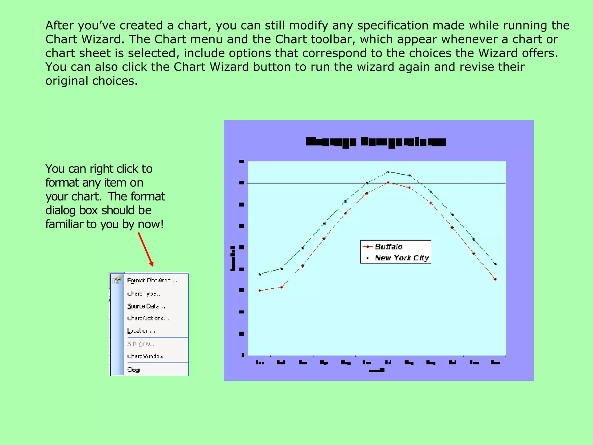 After you’ve created a chart, you can still modify any specification made while running the Chart Wizard. The Chart menu and the Chart toolbar, which appear whenever a chart or chart sheet is selected, include options that correspond to the choices the Wizard offers. You can also click the Chart Wizard button to run the wizard again and revise their original choices. You can right click to format any item on your chart. The format dialog box should be familiar to you by now! 