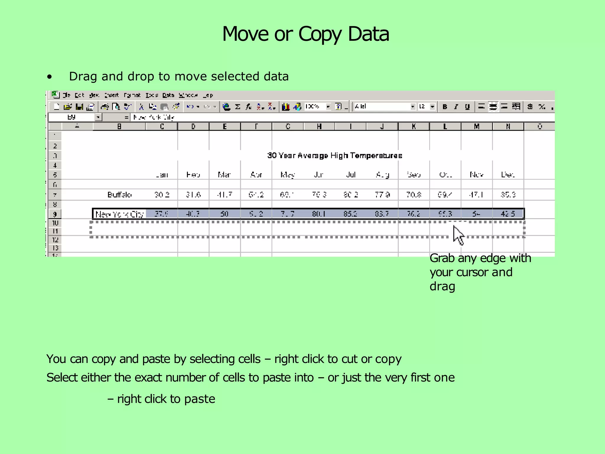 Move or Copy Data • Drag and drop to move selected data Grab any edge with your cursor and drag You can copy and paste by selecting cells – right click to cut or copy Select either the exact number of cells to paste into – or just the very first one – right click to paste 