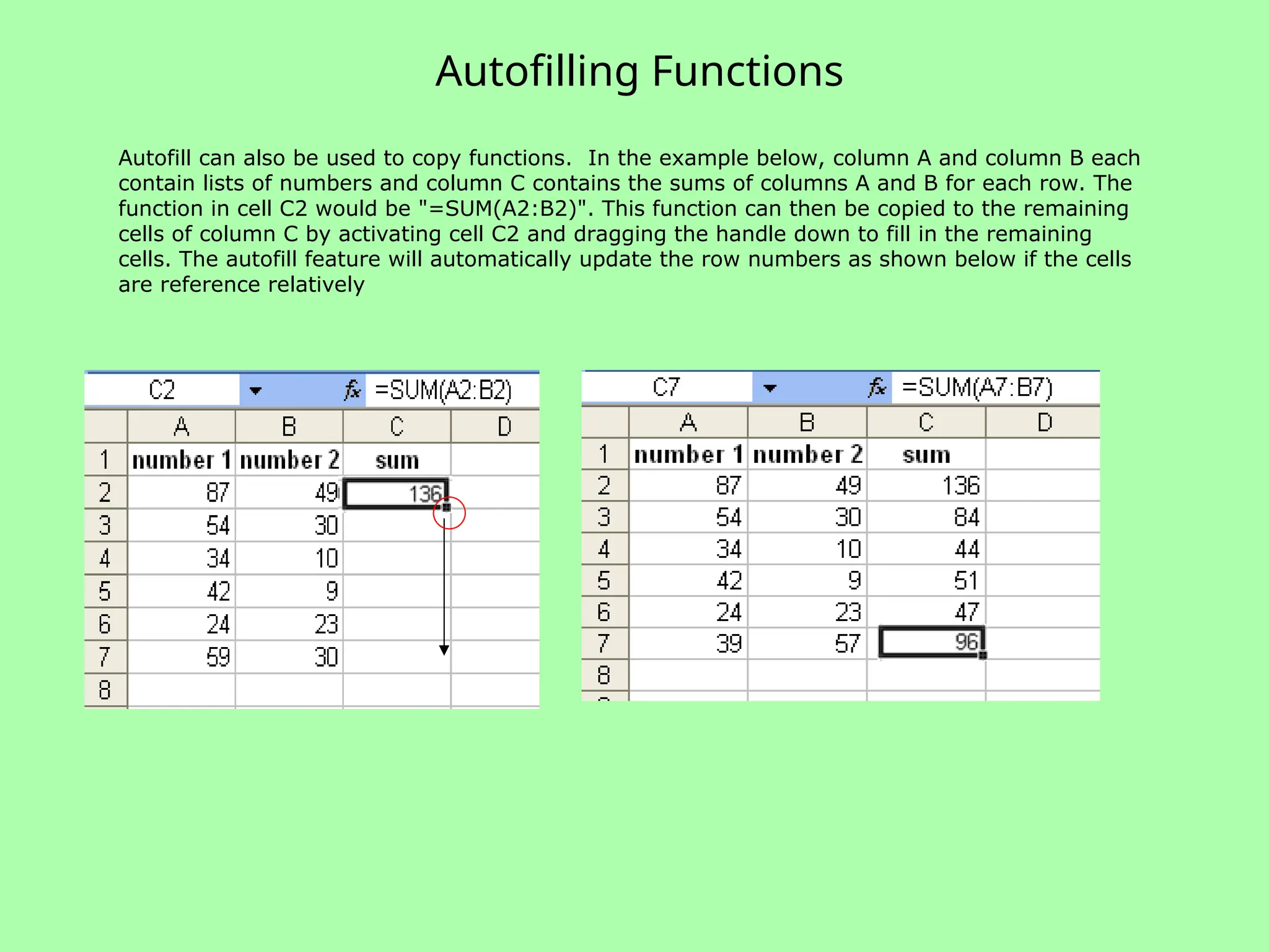 Autofilling Functions
Autofill can also be used to copy functions. In the example below, column A and column B each
contain lists of numbers and column C contains the sums of columns A and B for each row. The
function in cell C2 would be "=SUM(A2:B2)". This function can then be copied to the remaining
cells of column C by activating cell C2 and dragging the handle down to fill in the remaining
cells. The autofill feature will automatically update the row numbers as shown below if the cells
are reference relatively
 