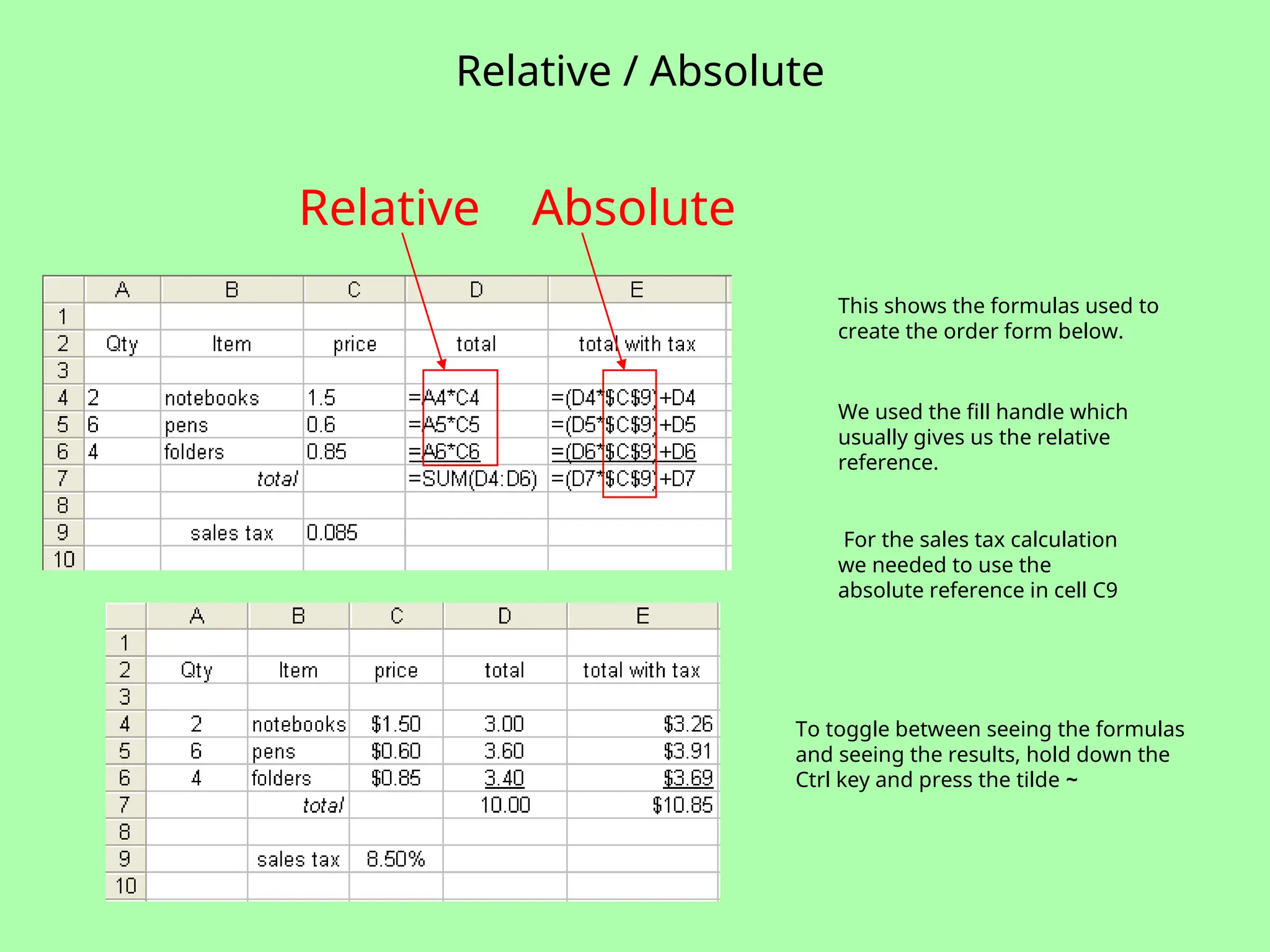 Relative / Absolute
This shows the formulas used to
create the order form below.
We used the fill handle which
usually gives us the relative
reference.
For the sales tax calculation
we needed to use the
absolute reference in cell C9
Relative Absolute
To toggle between seeing the formulas
and seeing the results, hold down the
Ctrl key and press the tilde ~
 
