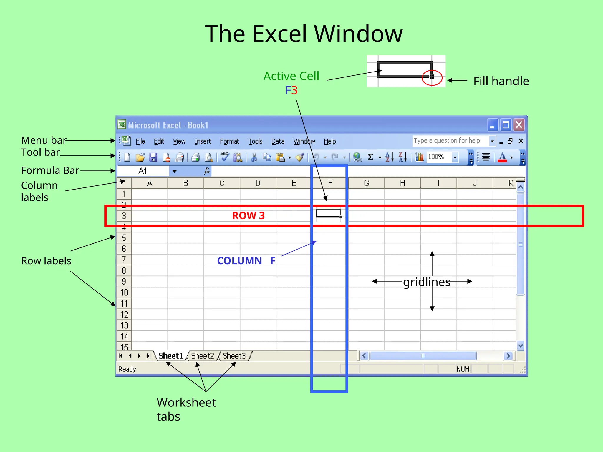 The Excel Window
ROW 3
COLUMN F
Column
labels
Row labels
Worksheet
tabs
Active Cell
F3
Fill handle
Menu bar
Tool bar
Formula Bar
gridlines
 