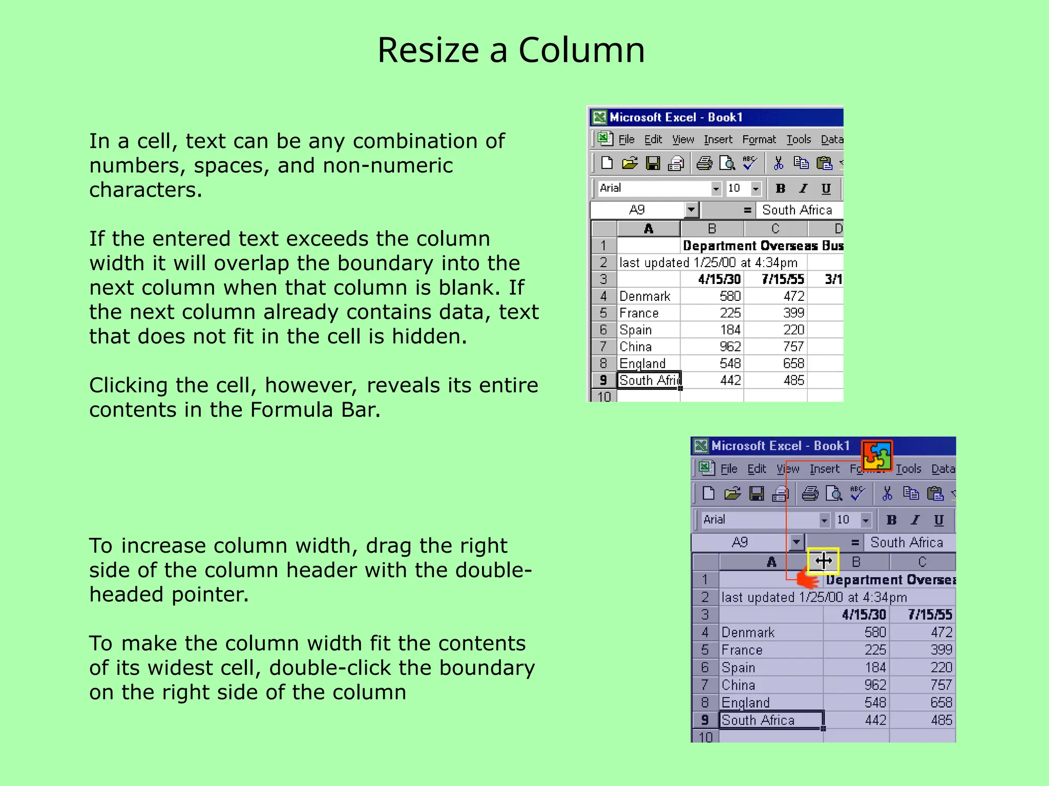 Resize a Column
In a cell, text can be any combination of
numbers, spaces, and non-numeric
characters.
If the entered text exceeds the column
width it will overlap the boundary into the
next column when that column is blank. If
the next column already contains data, text
that does not fit in the cell is hidden.
Clicking the cell, however, reveals its entire
contents in the Formula Bar.
To increase column width, drag the right
side of the column header with the double-
headed pointer.
To make the column width fit the contents
of its widest cell, double-click the boundary
on the right side of the column
 