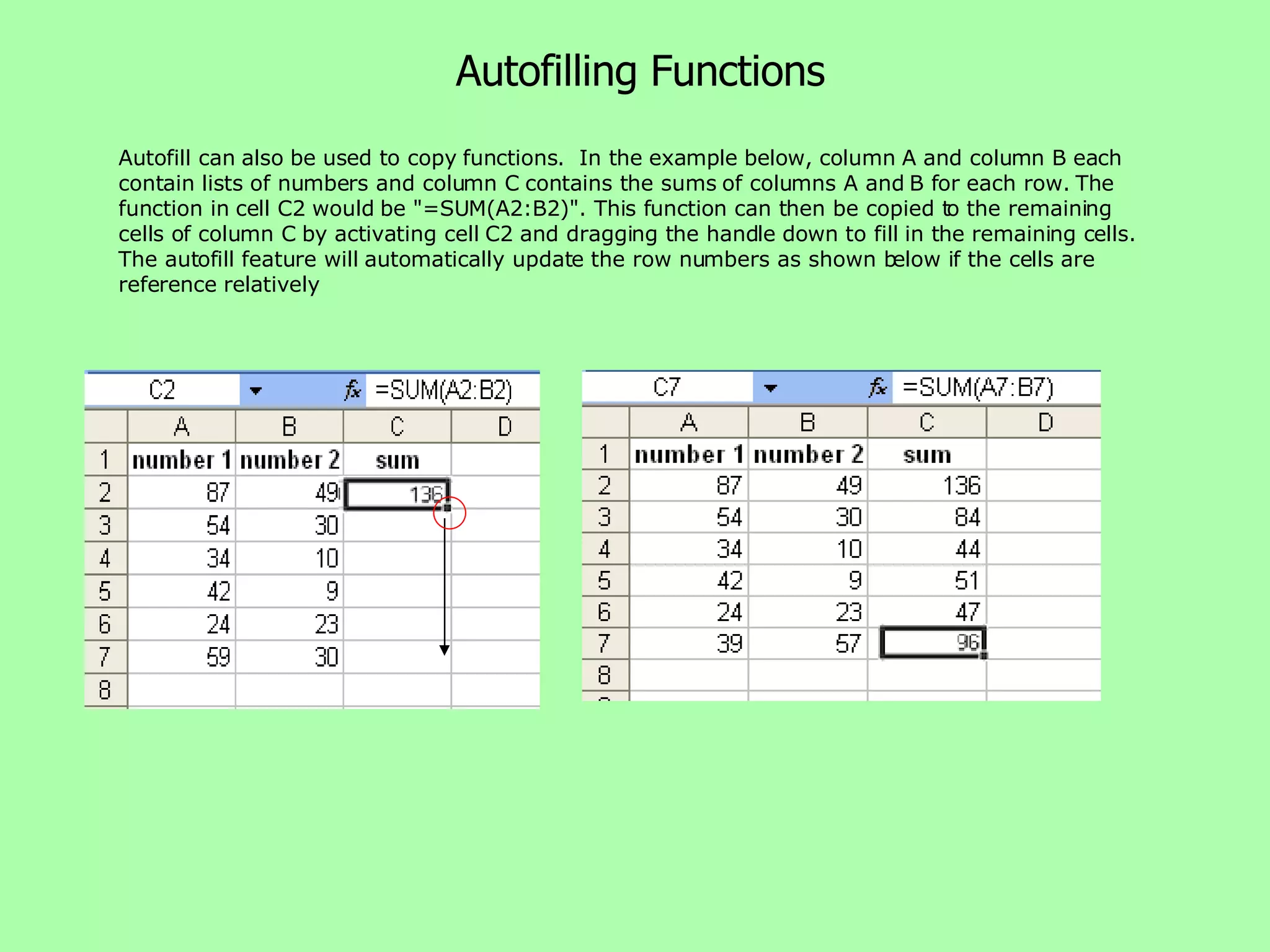 Autofilling Functions Autofill can also be used to copy functions.  In the example below, column A and column B each contain lists of numbers and column C contains the sums of columns A and B for each row. The function in cell C2 would be &quot;=SUM(A2:B2)&quot;. This function can then be copied to the remaining cells of column C by activating cell C2 and dragging the handle down to fill in the remaining cells. The autofill feature will automatically update the row numbers as shown below if the cells are reference relatively                                                                                  