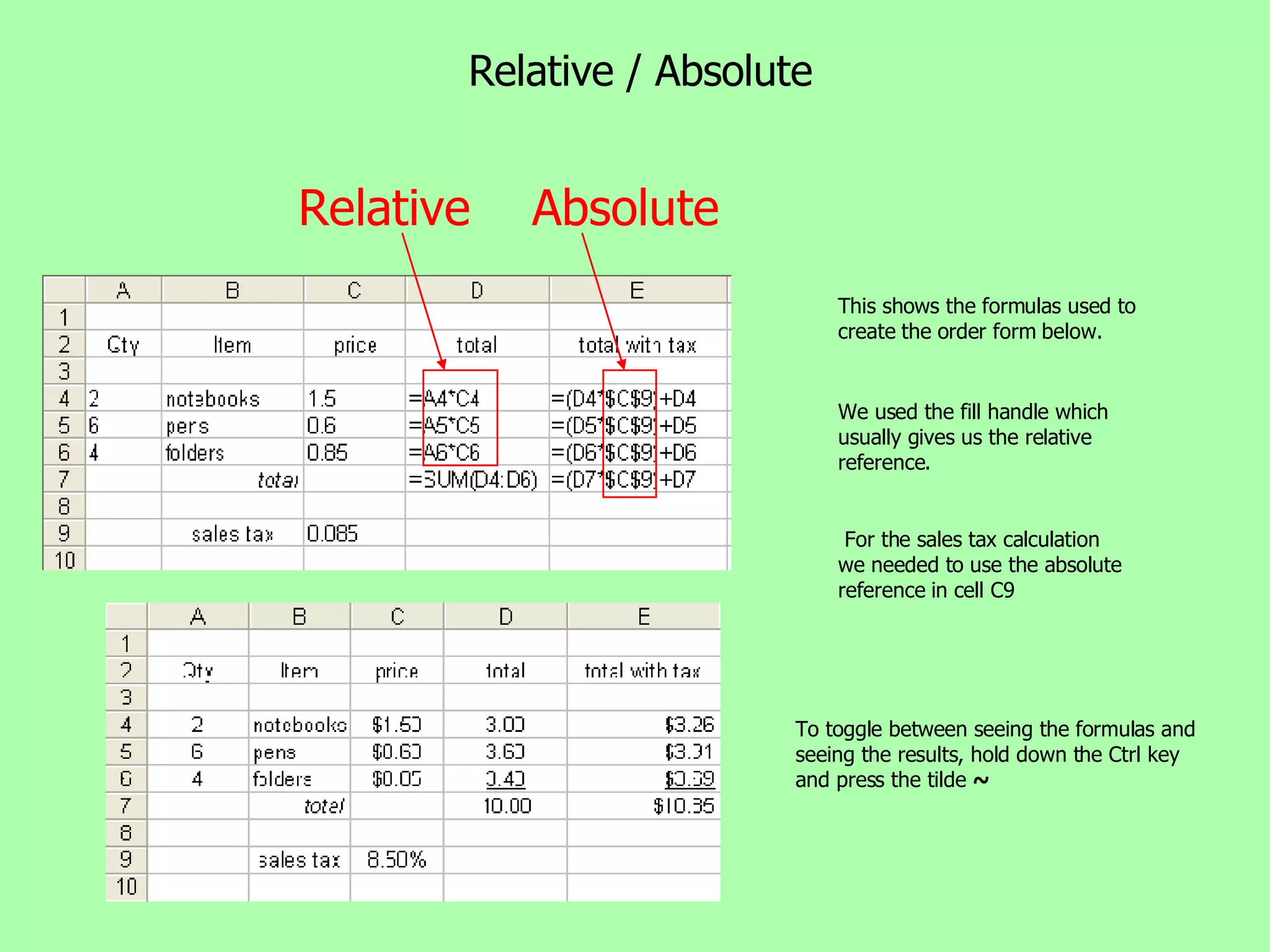 Relative / Absolute Relative  Absolute  This shows the formulas used to create the order form below. We used the fill handle which usually gives us the relative reference. For the sales tax calculation we needed to use the absolute reference in cell C9 To toggle between seeing the formulas and seeing the results, hold down the Ctrl key and press the tilde  ~ 