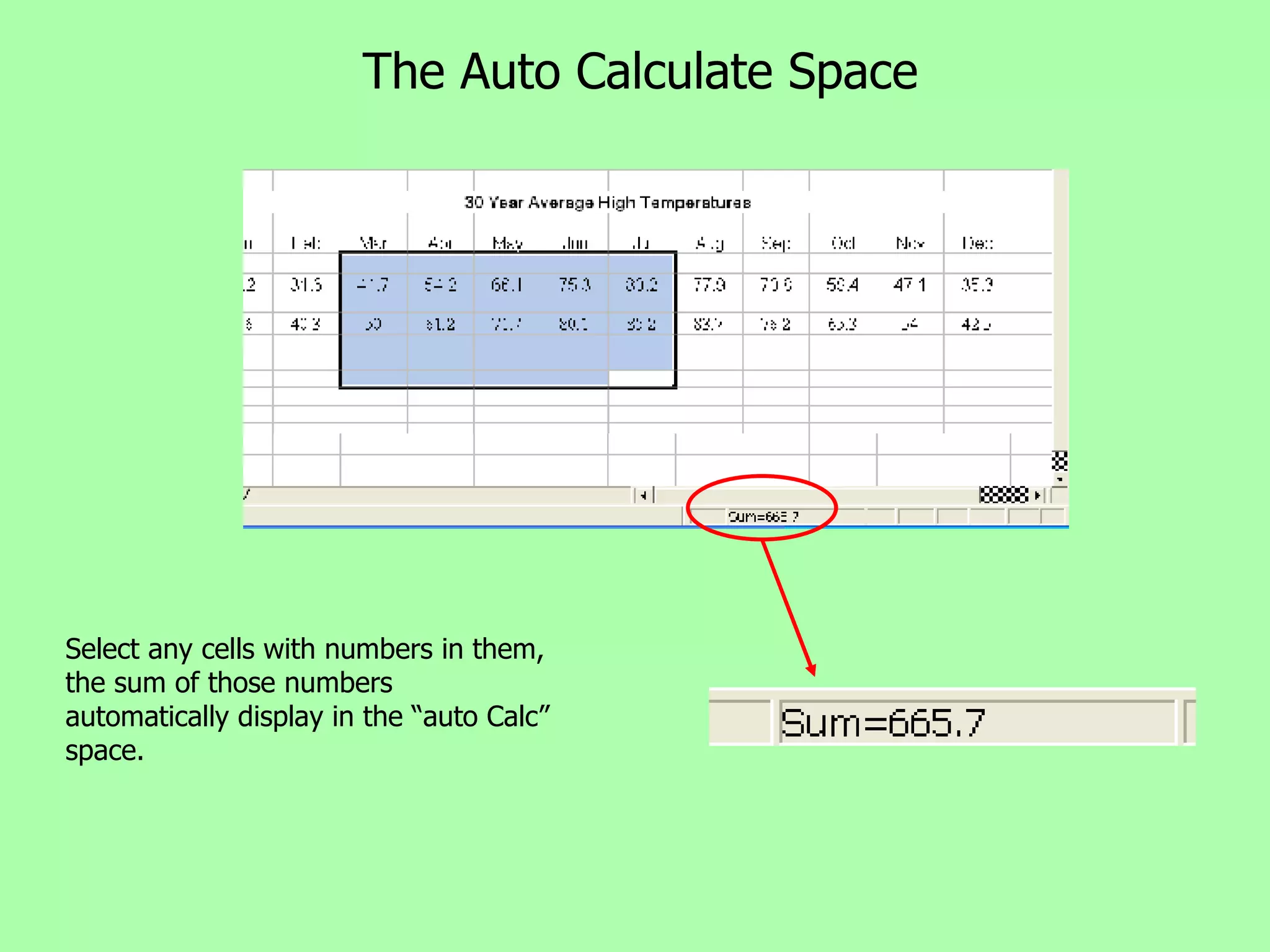 The Auto Calculate Space Select any cells with numbers in them, the sum of those numbers automatically display in the “auto Calc” space. 