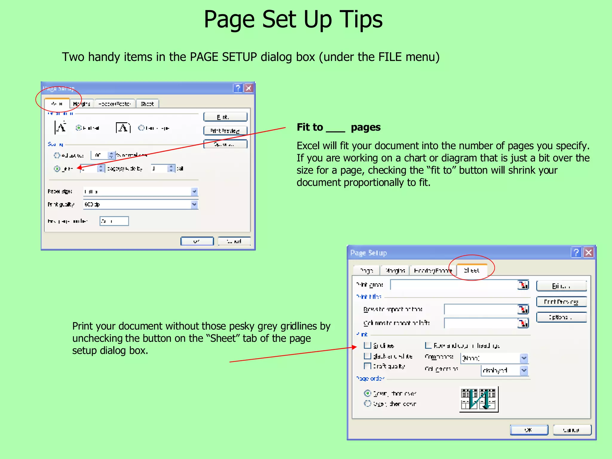 Page Set Up Tips Two handy items in the PAGE SETUP dialog box (under the FILE menu) Fit to ___  pages Excel will fit your document into the number of pages you specify. If you are working on a chart or diagram that is just a bit over the size for a page, checking the “fit to” button will shrink your document proportionally to fit. Print your document without those pesky grey gridlines by unchecking the button on the “Sheet” tab of the page setup dialog box. 