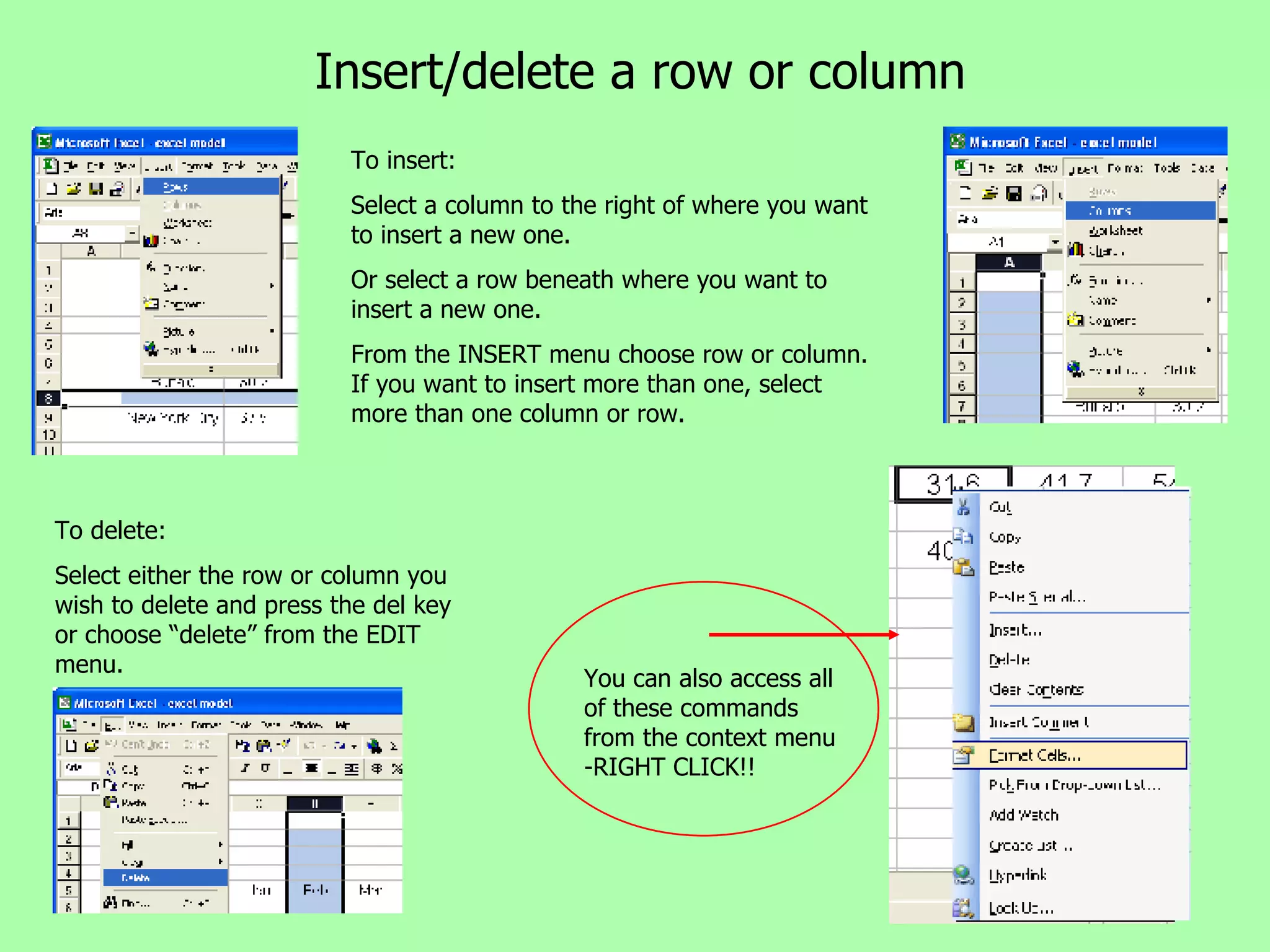 Insert/delete a row or column To insert: Select a column to the right of where you want to insert a new one. Or select a row beneath where you want to insert a new one. From the INSERT menu choose row or column. If you want to insert more than one, select more than one column or row. To delete: Select either the row or column you wish to delete and press the del key or choose “delete” from the EDIT menu. You can also access all of these commands from the context menu -RIGHT CLICK!! 