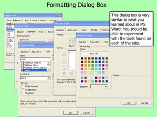 Formatting Dialog Box This dialog box is very similar to what you learned about in MS Word. You should be able to experiment with the tools found on each of the tabs. 