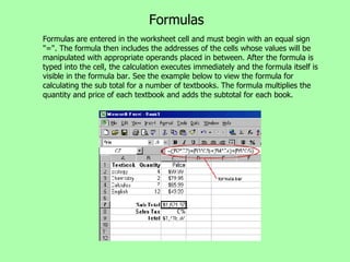 Formulas Formulas are entered in the worksheet cell and must begin with an equal sign &quot;=&quot;. The formula then includes the addresses of the cells whose values will be manipulated with appropriate operands placed in between. After the formula is typed into the cell, the calculation executes immediately and the formula itself is visible in the formula bar. See the example below to view the formula for calculating the sub total for a number of textbooks. The formula multiplies the quantity and price of each textbook and adds the subtotal for each book.                                                                                                                         