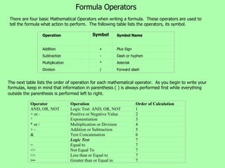 Formula Operators There are four basic Mathematical Operators when writing a formula.  These operators are used to tell the formula what action to perform.  The following table lists the operators, its symbol.    The next table lists the order of operation for each mathematical operator.  As you begin to write your formulas, keep in mind that information in parenthesis ( ) is always performed first while everything outside the parenthesis is performed left to right.   Operator Operation Order of Calculation AND, OR, NOT Logic Test: AND, OR, NOT 1 + or  - Positive or Negative Value 2 ^ Exponentiation 3 * or / Multiplication or Division 4 + - Addition or Subtraction 5 & Text Concatenation 6 Logic Test       7 = Equal to  7 <> Not Equal To 7 <= Less than or Equal to 7 >= Greater than or Equal to 7 Operation Symbol Symbol Name Addition + Plus Sign Subtraction - Dash or hyphen Multiplication * Asterisk Division / Forward slash 