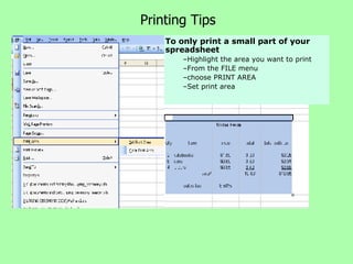 Printing Tips To only print a small part of your spreadsheet Highlight the area you want to print From the FILE menu  choose PRINT AREA Set print area 