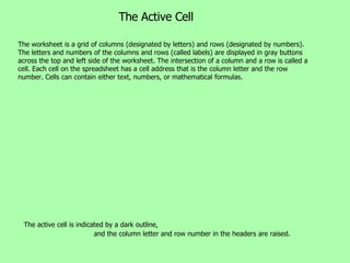 The Active Cell The active cell is indicated by a dark outline,  and the column letter and row number in the headers are raised. The worksheet is a grid of columns (designated by letters) and rows (designated by numbers). The letters and numbers of the columns and rows (called labels) are displayed in gray buttons across the top and left side of the worksheet. The intersection of a column and a row is called a cell. Each cell on the spreadsheet has a cell address that is the column letter and the row number. Cells can contain either text, numbers, or mathematical formulas.  