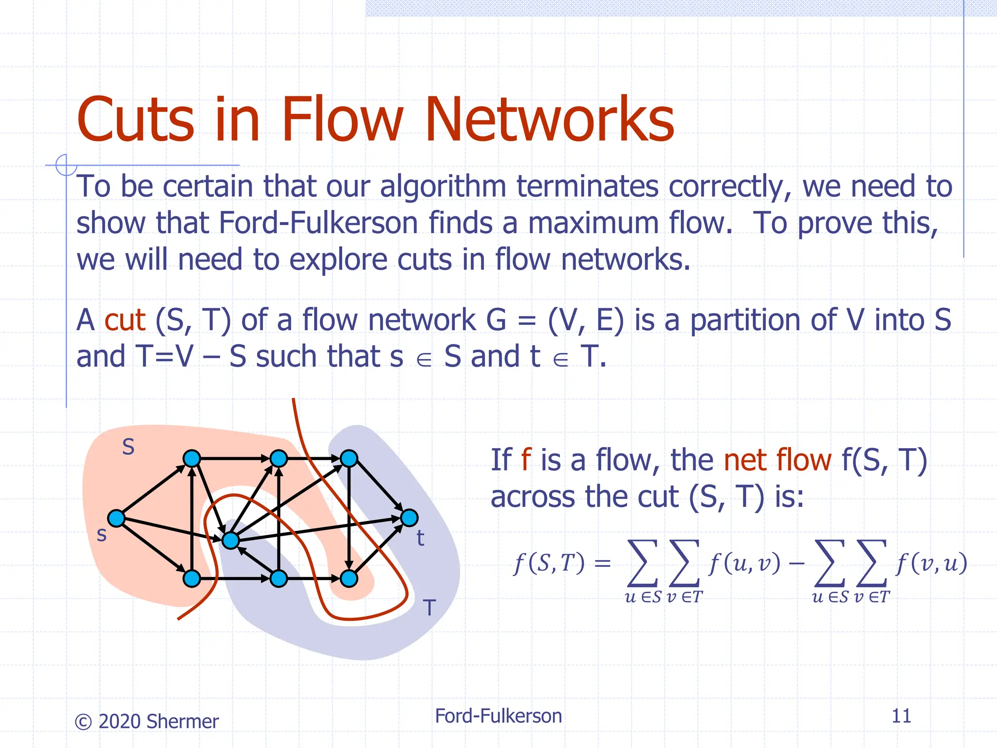 © 2020 Shermer
To be certain that our algorithm terminates correctly, we need to
show that Ford-Fulkerson finds a maximum flow. To prove this,
we will need to explore cuts in flow networks.
A cut (S, T) of a flow network G = (V, E) is a partition of V into S
and T=V – S such that s  S and t  T.
Ford-Fulkerson 11
Cuts in Flow Networks
s t
S
T
If f is a flow, the net flow f(S, T)
across the cut (S, T) is:
𝑓 𝑆, 𝑇 = ෍
𝑢 ∈𝑆
෍
𝑣 ∈𝑇
𝑓 𝑢, 𝑣 − ෍
𝑢 ∈𝑆
෍
𝑣 ∈𝑇
𝑓 𝑣, 𝑢
 