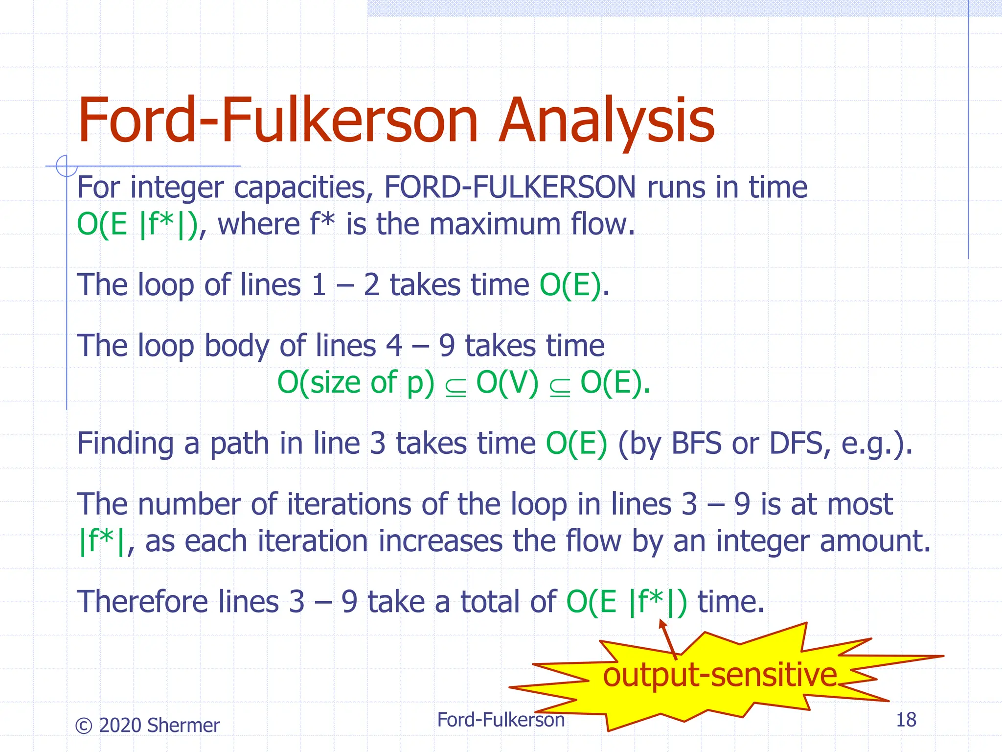 © 2020 Shermer
For integer capacities, FORD-FULKERSON runs in time
O(E |f*|), where f* is the maximum flow.
The loop of lines 1 – 2 takes time O(E).
The loop body of lines 4 – 9 takes time
O(size of p)  O(V)  O(E).
Finding a path in line 3 takes time O(E) (by BFS or DFS, e.g.).
The number of iterations of the loop in lines 3 – 9 is at most
|f*|, as each iteration increases the flow by an integer amount.
Therefore lines 3 – 9 take a total of O(E |f*|) time.
Ford-Fulkerson 18
Ford-Fulkerson Analysis
output-sensitive
 
