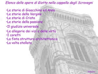 Elenco delle opere di Giotto nella cappella degli Scrovegni

•Le storie di Gioacchino ed Anna
•Le storie della Vergine
•Le storie di Cristo
•Le storie della passione
•Il giudizio universale
•Le allegorie dei vizi e delle virtù
•I coretti
•La finta struttura architettonica
•La volta stellata




                                                       Indietro
 
