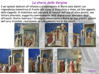Le storie della Vergine
I sei episodi dedicati all'infanzia e al matrimonio di Maria sono dipinti con
rispondenza simmetrica di fronte alle scene di Gioacchino e Anna, sul lato opposto
della Cappella. Si stabilisce così una serie di rimandi dall'una all'altra parete, una
lettura alternata, suggerita continuamente dalla disposizione speculare degli
affreschi. Giotto inserisce l'Arcangelo annunciante e Maria sui due pilastri opposti
dell'arco trionfale, realizzando un collegamento tra le due pareti.




                                                                               Indietro
 