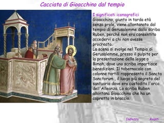 Cacciata di Gioacchino dal tempio
                    I significati iconografici
                    Gioacchino, giunto in tarda età
                    senza prole, viene allontanato dal
                    tempio di Gerusalemme dallo scriba
                    Ruben, perché non era consentito
                    accedervi a chi non avesse
                    procreato.
                    La scena si svolge nel Tempio di
                    Gerusalemme, presso il pulpito per
                    la presentazione della legge o
                    Bimah, dove uno scriba impartisce
                    benedizioni. Il tabernacolo con
                    colonne tortili rappresenta il Sancta
                    Sanctorum , il luogo più segreto del
                    santuario dove era custodita l'arca
                    dell'Alleanza. Lo scriba Ruben
                    allontana Gioacchino che ha un
                    capretto in braccio.




                                     Indietro     Avanti
 