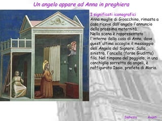 Un angelo appare ad Anna in preghiera
                      I significati iconografici
                      Anna moglie di Gioacchino, rimasta a
                      casa riceve dall'angelo l'annuncio
                      della prossima maternità.
                      Nella scena è rappresentato
                      l'interno della casa di Anna, dove
                      quest'ultima accoglie il messaggio
                      dell'Angelo del Signore. Sulla
                      sinistra, l'ancella (forse Giuditta)
                      fila. Nel timpano del poggiolo, in una
                      conchiglia sorretta da angeli, è
                      raffigurato Isaia, profeta di Maria.




                                         Indietro    Avanti
 