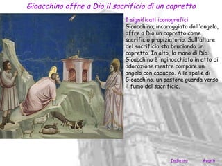 Gioacchino offre a Dio il sacrificio di un capretto
                             I significati iconografici
                             Gioacchino, incoraggiato dall'angelo,
                             offre a Dio un capretto come
                             sacrificio propiziatorio. Sull'altare
                             del sacrificio sta bruciando un
                             capretto. In alto, la mano di Dio.
                             Gioacchino è inginocchiato in atto di
                             adorazione mentre compare un
                             angelo con caduceo. Alle spalle di
                             Gioacchino, un pastore guarda verso
                             il fumo del sacrificio.




                                              Indietro     Avanti
 