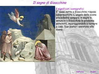 Il sogno di Gioacchino
               I significati iconografici
               E' quasi notte e Gioacchino risposa
               addormentato. L'angelo della scena
               precedente compare in sogno e
               annuncia a Gioacchino la prossima
               paternità, incoraggiandolo a tornare
               a casa. Due pastori assistono alla
               scena




                                Indietro    Avanti
 